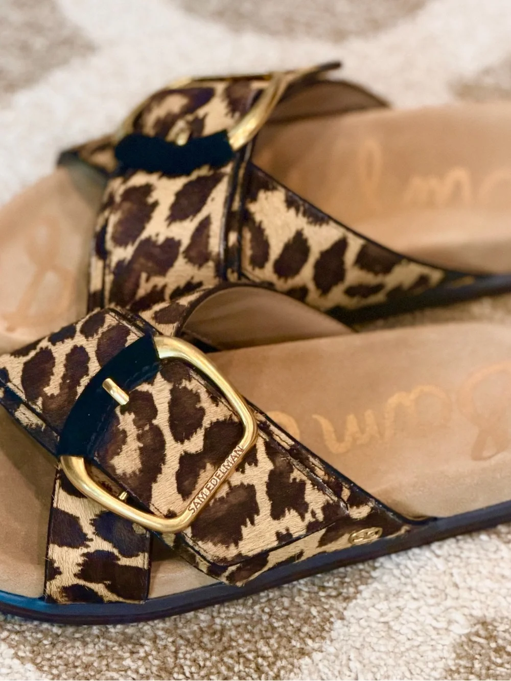 Sam Edelman Leopard Print Slide Sandals with Gold Buckles - Brown/Tan